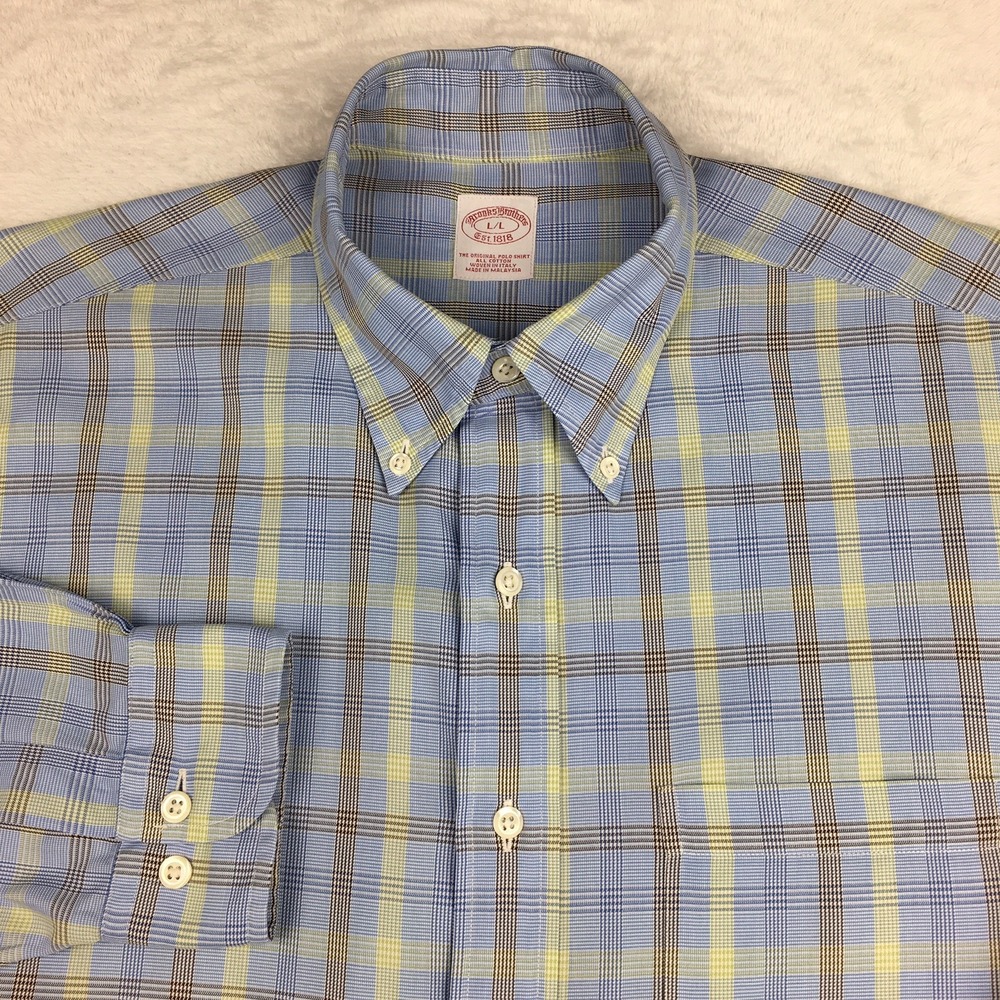Brooks Brothers Men's Large Button Down Shirt Blue and Yellow Check Long Sleeve